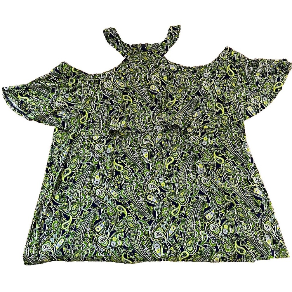 Michael Kors Plus 2X Green Black Paisley Knit V-Neck Flutter A-Line Dress
